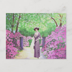 Carte Postale Dame victorienne dans un jardin Rhododendron.