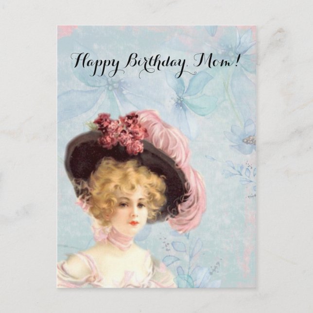 Carte Postale Dame victorienne en Casquette plumé avec roses ros (Devant)