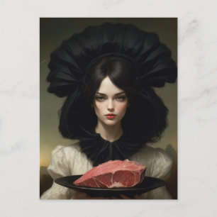 Carte Postale Dame vintage et viande crue sur plat