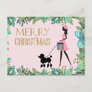 Carte Postale Dame vintage marchant caniche noir Joyeux Noël
