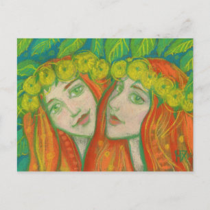 Carte Postale "Dandelions" pastel peinture été roux fille