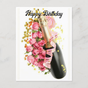 Carte postale d'anniversaire Champagne & Roses ros