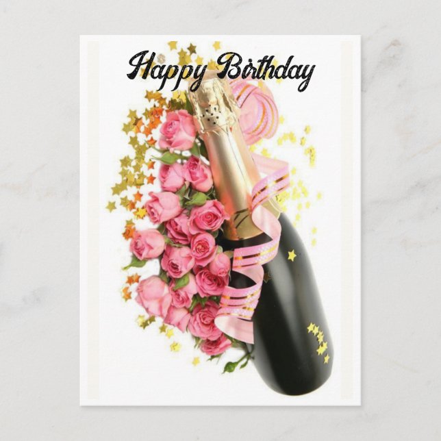Carte postale d'anniversaire Champagne & Roses ros (Devant)