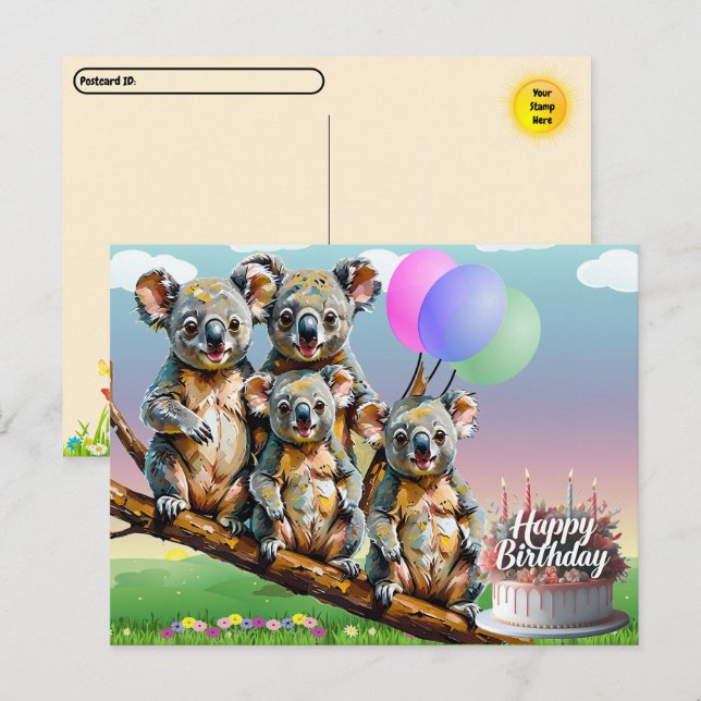 Carte postale d'anniversaire de la famille Koala P (Devant / Derrière)