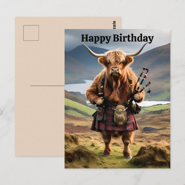 Carte postale d'anniversaire de vache des Highland (Devant / Derrière)