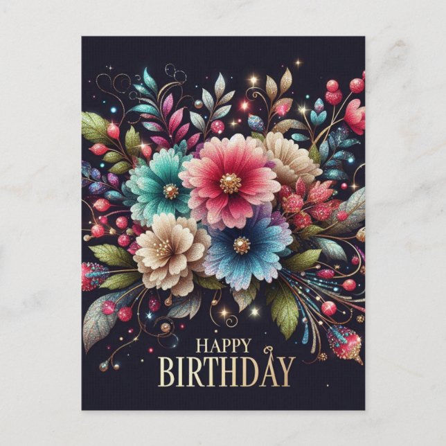 Carte postale d'anniversaire : design floral color (Devant)