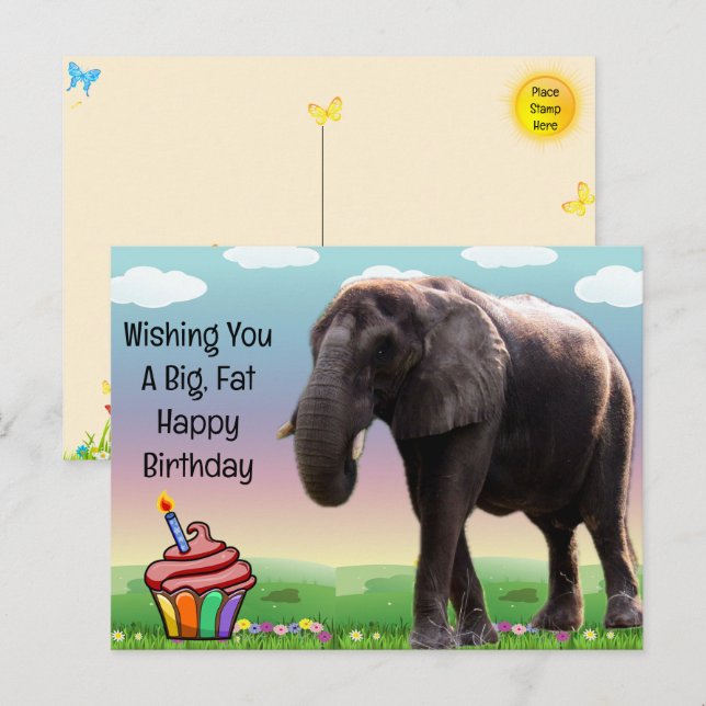 Carte postale d'anniversaire éléphant amusante (Devant / Derrière)