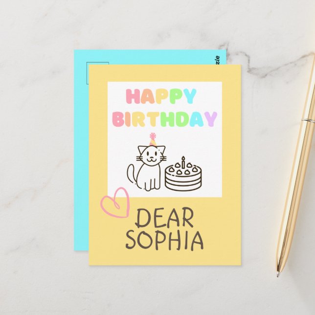 Carte postale d'anniversaire féerique avec un chat (Devant/Arrière en situation)