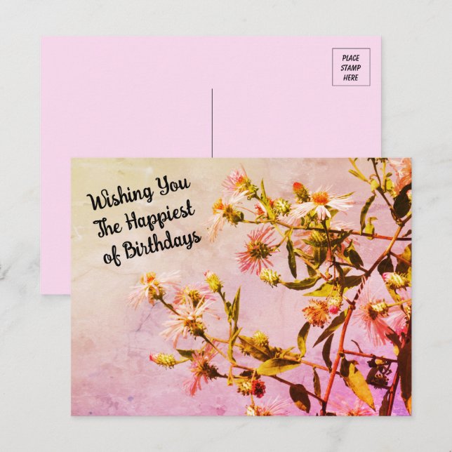Carte postale d'anniversaire Fleur sauvage rose (Devant / Derrière)