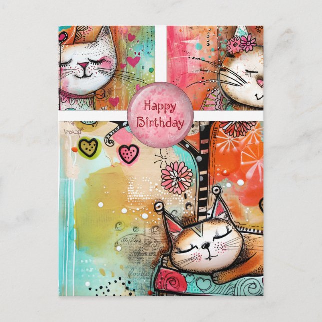 Carte postale d'anniversaire pour chats colorés (Devant)