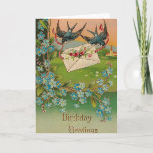 Carte postale d'anniversaire vintage Oiseaux et fl
