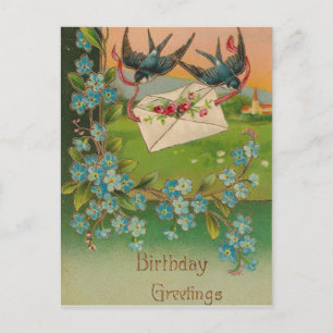 Carte postale d'anniversaire vintage Oiseaux et fl