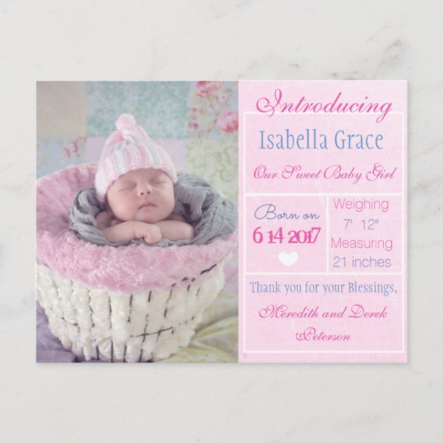 Carte postale d'annonce de naissance de bébé fille (Devant)