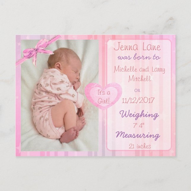 Carte postale d'annonce de naissance de bébé fille (Devant)