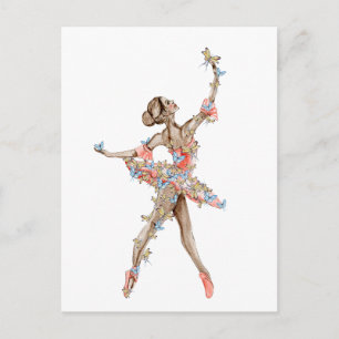 Carte Postale Danse d'aquarelle ballerine avec papillon
