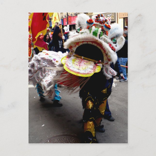 Carte Postale Danseur Lion chinois blanc, la tête sur (Devant)