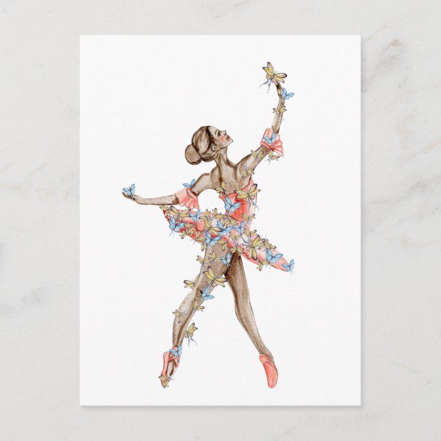 Carte Postale Danseuse de ballet à l'aquarelle avec papillon  (Devant)