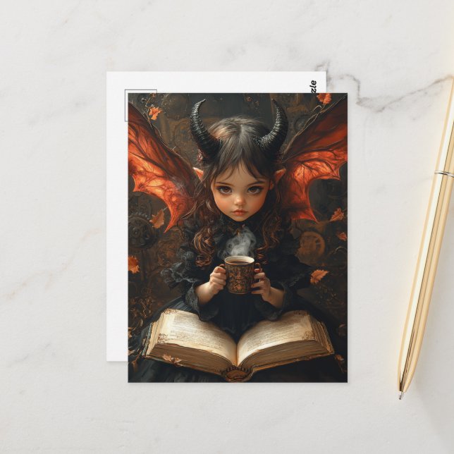 Carte Postale Dark Angel avec café et livre (Devant/Arrière en situation)