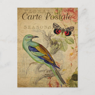 Carte postale d'art de collage floral oiseau vinta