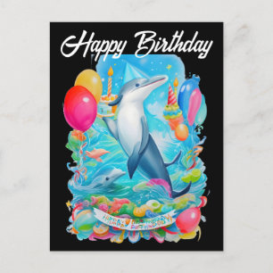 Carte Postale dauphin joyeux anniversaire portant un chapeau d'a