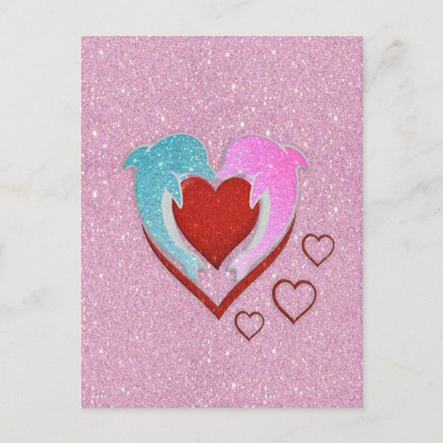 Carte Postale Dauphins bleu rose mignons tenant un coeur rouge (Devant)
