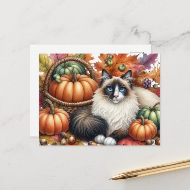 Carte postale d'automne de chat ragdoll joyeuse (Devant/Arrière en situation)