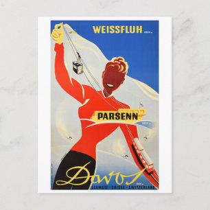 Carte Postale Davos Parsenn, Fille Montre Câble Carand Ski Lift