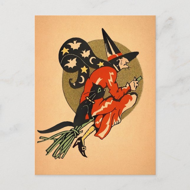 Carte postale de balai de sorcière Halloween rétro (Devant)