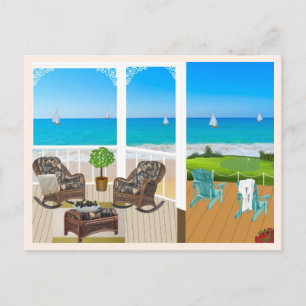 Carte postale de balcon et de paysage de plage et