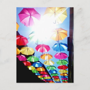 Carte Postale De beaux parapluies colorés s'accrochent au-dessus