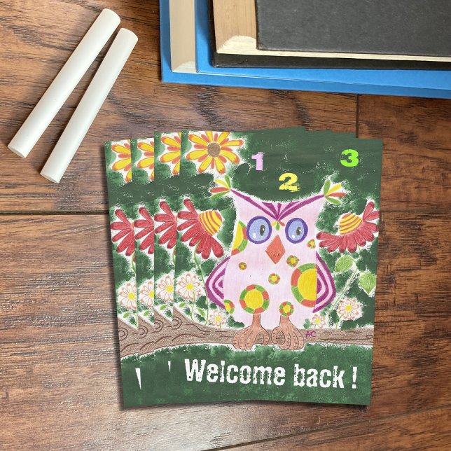 Carte postale de bienvenue professeur hibou vert (Créateur téléchargé)