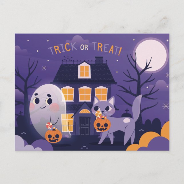 Carte postale de chat d'Halloween mignon et d'un f (Devant)