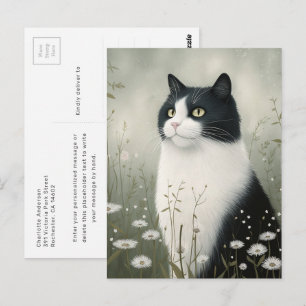 Carte postale de chat élégant noir et blanc