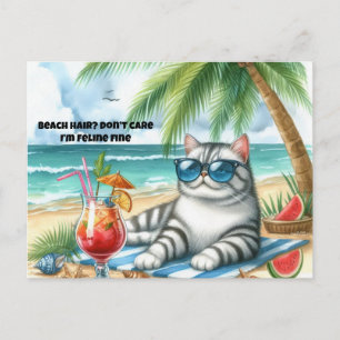 Carte postale de chat fine félin cheveux de plage