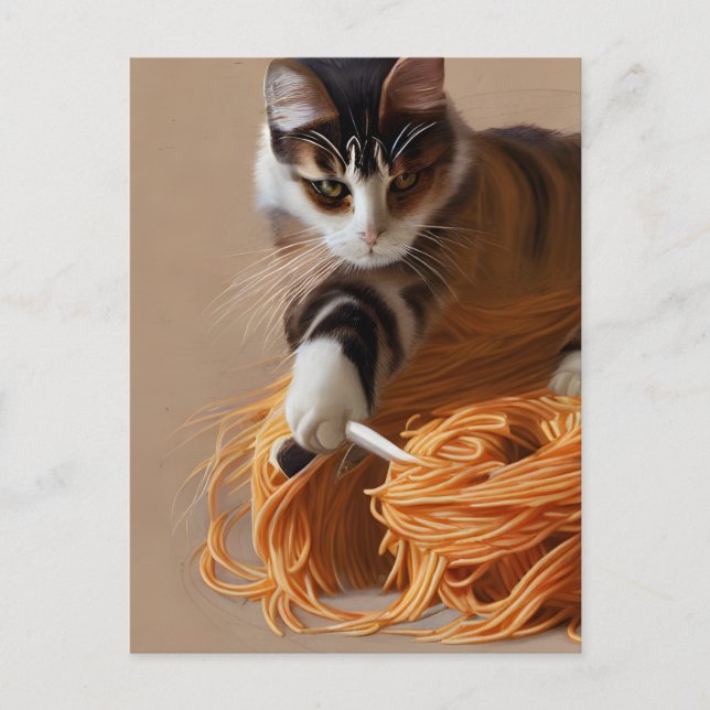 Carte postale de chat mangeant des spaghetti (Devant)