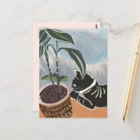 Carte postale de chat regardant les plantes d'inté