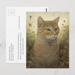Carte postale de chat roux fantaisiste dans un pré