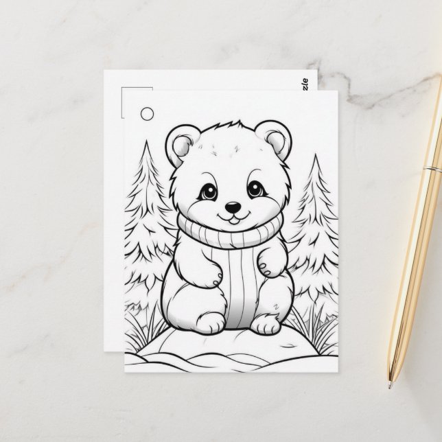 Carte postale de coloriage d'ours festif pour enfa (Devant/Arrière en situation)