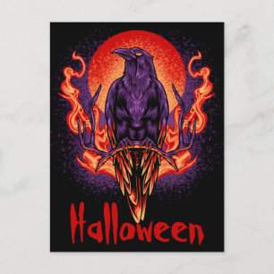 Carte postale de corbeau d'Halloween avec des flam