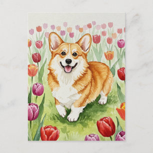 Carte postale de Corgi mignon dans les tulipes