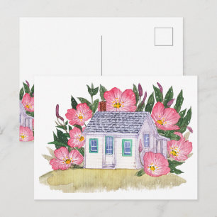 Carte postale de cottage côtier et de fleurs sauva