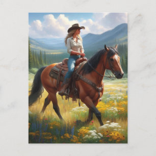 Carte postale de cow-girl montant un cheval à trav