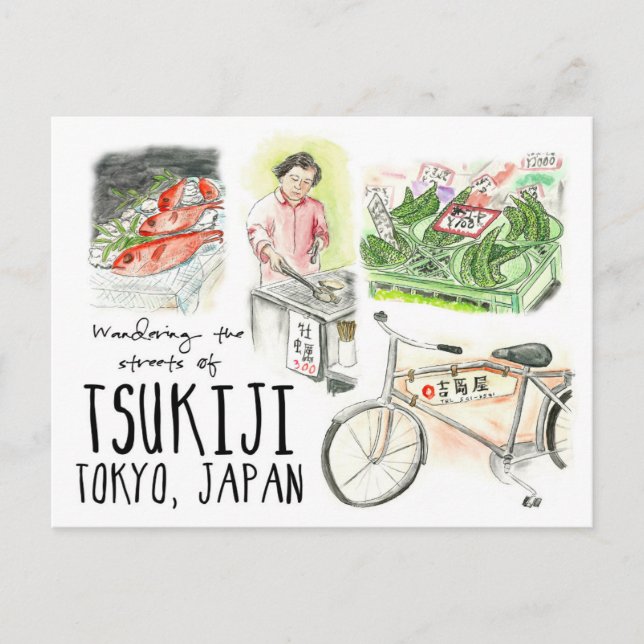 Carte postale de croquis de voyage : Tsukiji (Devant)