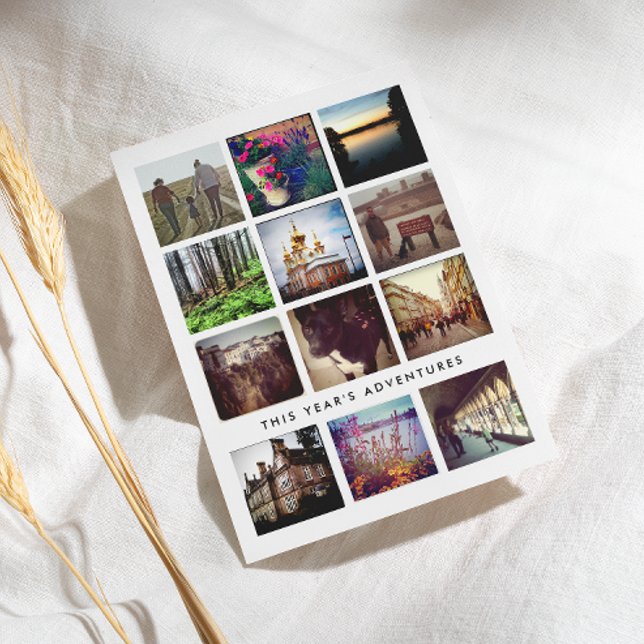 Carte postale de douze Carrés (Holiday postcard design with 12 square photos one for every month of the year and message on back)