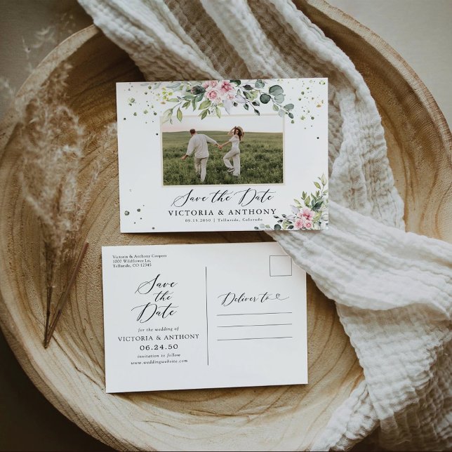 Carte postale de faire-part de Blush Pink Greenery (Créateur téléchargé)