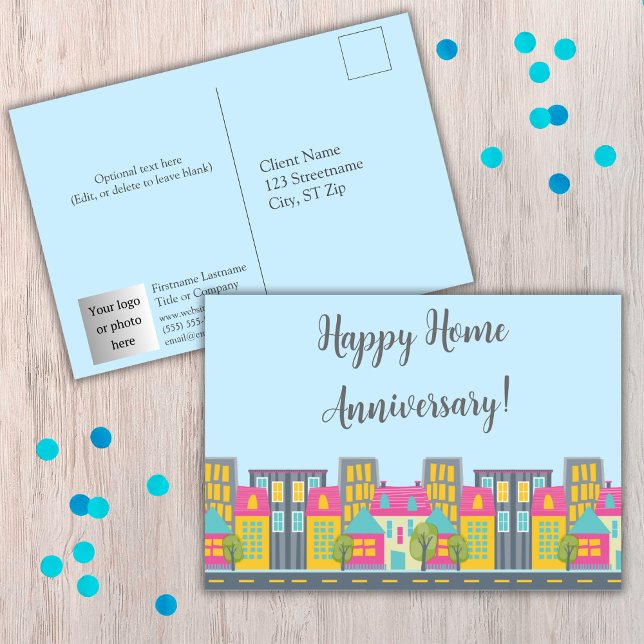 Carte postale de félicitations pour l'anniversaire (Happy Home Anniversary postcards for realtors. Add your photo/logo, contact information, and text.)