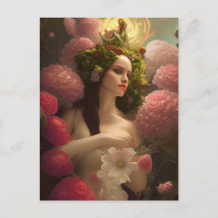 Carte postale de femme aux fleurs roses