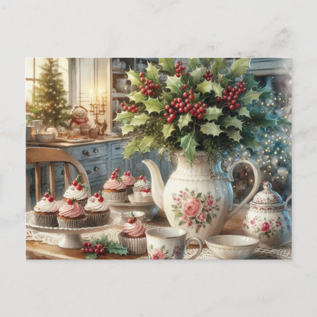 Carte postale de fête de thé à la ferme pour Noël (Devant)