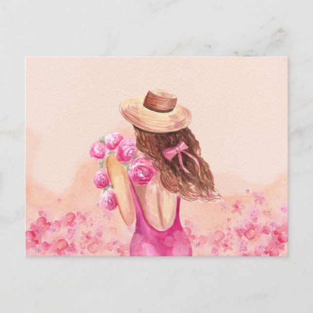 Carte postale de fille au bouquet de fleurs rose e (Devant)