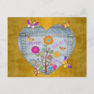 Carte postale de fleurs de cœur en denim papillon